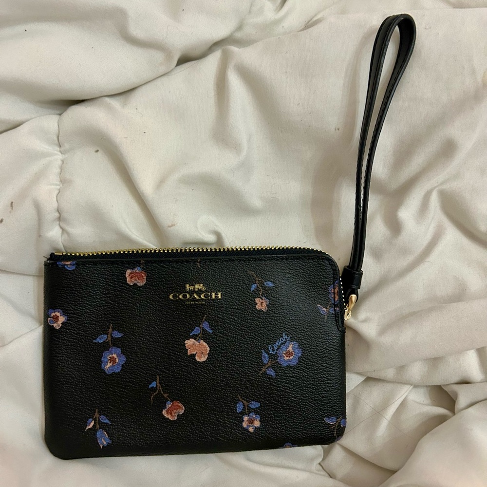 Coach Black Wristlet with Blue and Pink Floral Design
